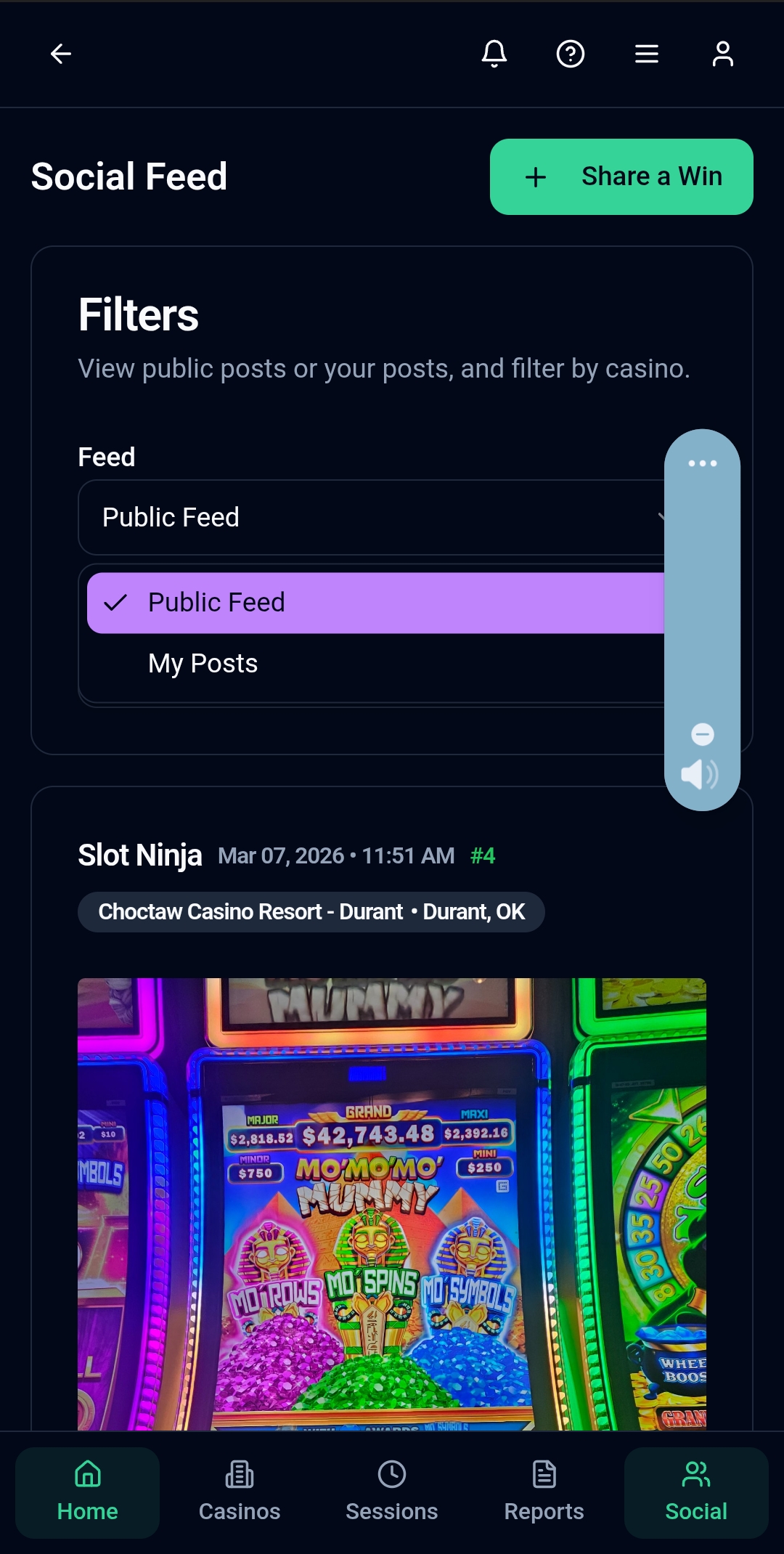 Social feed with filters and a slot-machine photo