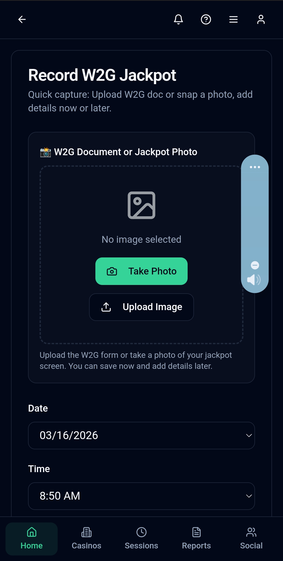 W2G document capture with photo and upload options