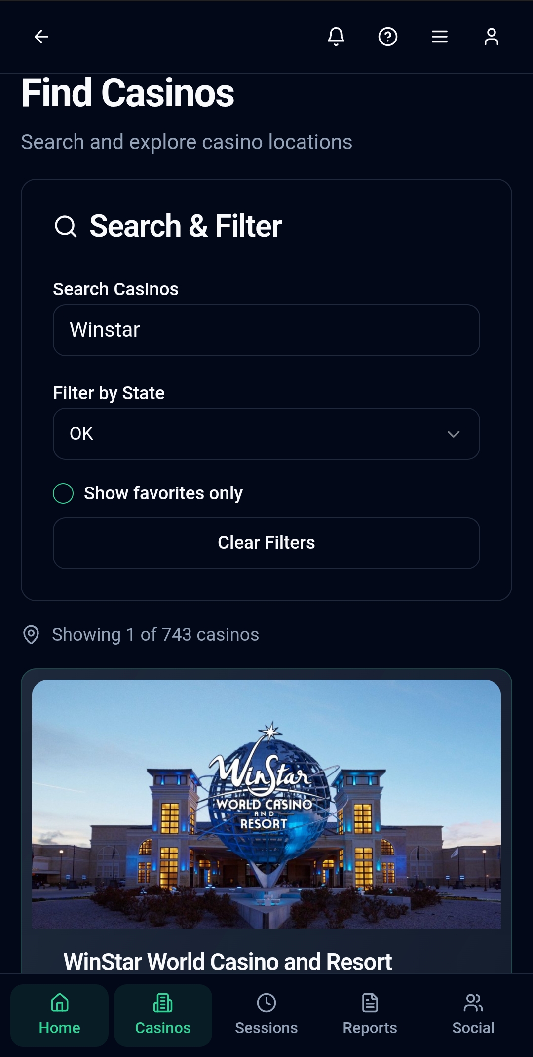 Casino directory with state filters